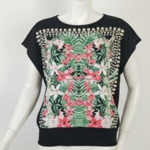Alfani Floral Print Black Top, L, GUC